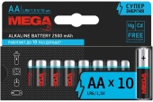 Батарейка алкалиновая MEGA Pro, AA, LR6 Alkaline 2500mAh, бокс 10шт.